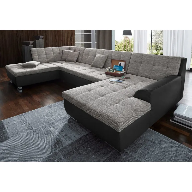 DOMO collection Wohnlandschaft Treviso incl. Zierkissen, moderne Steppung, XXL: B/T/H: 364/201/83 cm, wahlweise mit Bettfunktion, in vielen Bezugsarten auch in Cord U-Form