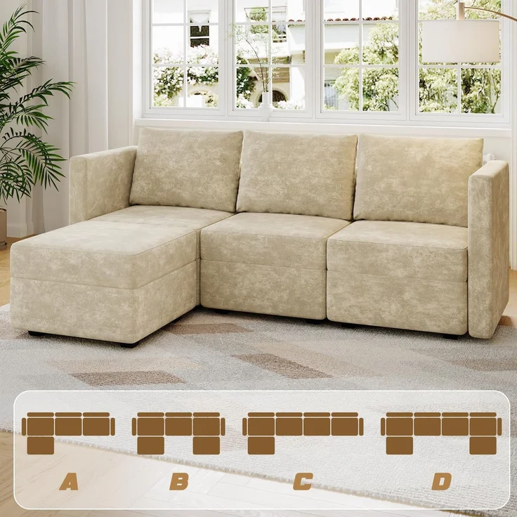 JUMMICO Modulares Sofa L-Form Ecksofa 215 cm breit | Sofa mit Stauraum,Links Chaiselongue,Velours‑Stoff für Sofa,Wohnzimmer Couch,Flauschige Cloud‑Polster,Beige