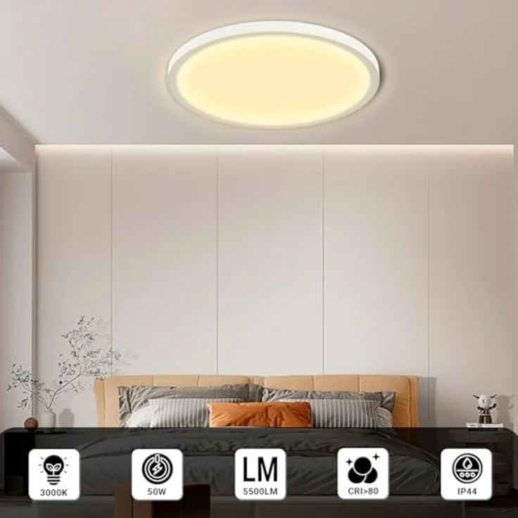 LQWELL® Deckenleuchte LED Deckenlampe, IP44 Wasserfest Badlampe Rund Flach 50W 3000K 5500LM Modern Schlicht Lampe Dünn für Wohnzimmer Badezimmer Schlafzimmer Küche Balkon Keller, 600 * 25mm – Bild 2