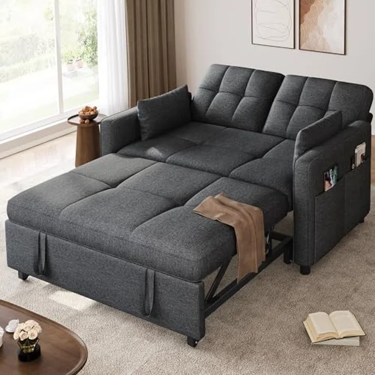 YITAHOME Schlafsofa mit Schlaffunktion, 182x136 cm Sofa, 5-stufig Verstellbarer Rückenlehne, 3-in-1 Schlafcouch mit 2 Kissen & Seitentasche, 2-Sitzer Sofa Bed für Gästezimmer, Grau