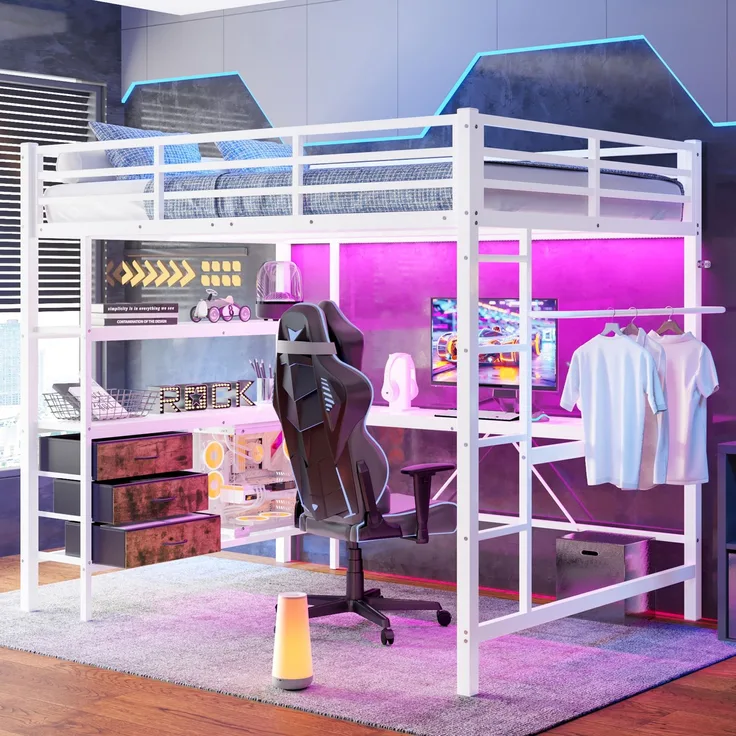 EINHOM Hochbett, 140 x 200 cm, mit LED-Leuchten, Schreibtisch, Steckdose + USB, 3 Schubladen, Regale, Geländer, Treppe, Weiß (Ohne Matratze)