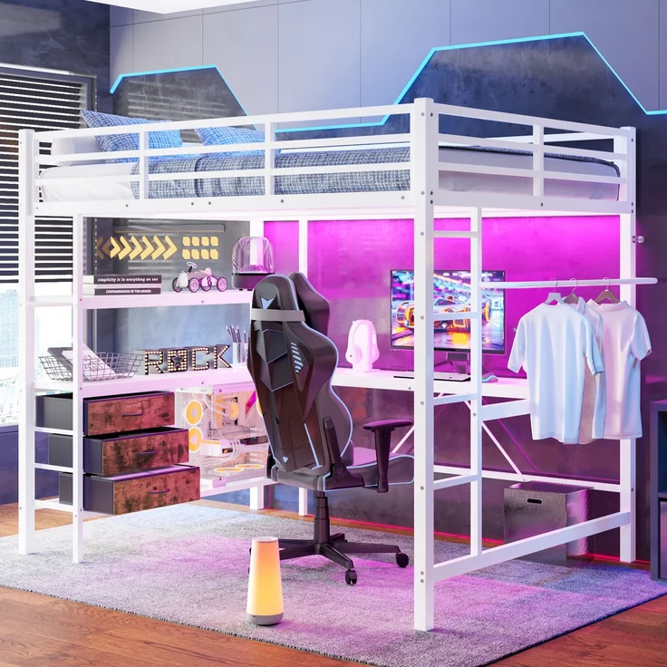 EINHOM Hochbett, 140 x 200 cm, mit LED-Leuchten, Schreibtisch, Steckdose + USB, 3 Schubladen, Regale, Geländer, Treppe, Weiß (Ohne Matratze) – Bild 1