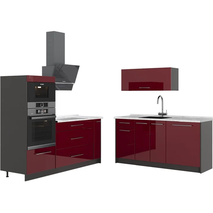 Küchenzeile Fame-Line Bordeaux Hochglanz/Anthrazit 340 cm, AP Marmor Vicco – Bild 1