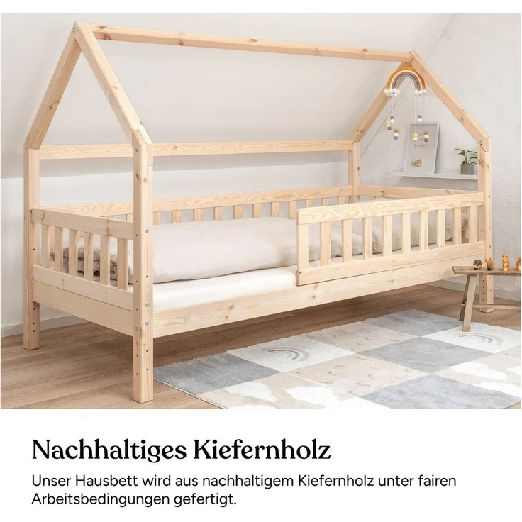 Ehrenkind Hausbett aus nachhaltigem Kiefernholz (mit abnehmbarem Rausfallschutz aus nachhaltigem Holz, Erhältlich in Natur und Weiß Kinderbett 80x160/90x200 cm), höhenverstellbar, nachhaltiges Kiefernholz, hergestellt in Europa – Bild 3