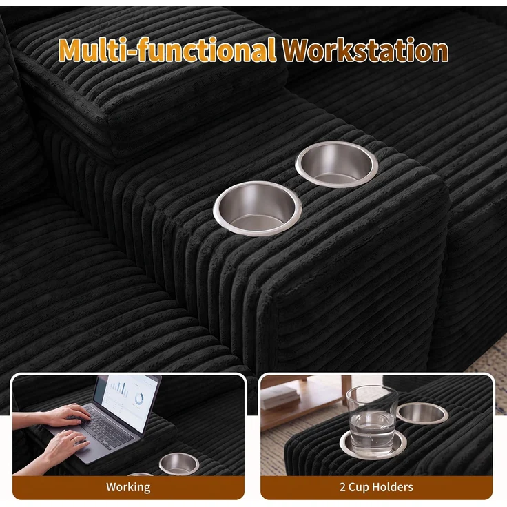 ZUBALIYA Boneless Compression Sofa, U-förmiges modulares Sofa mit integrierten Becherhaltern, Schwarz, 372 x 151 x 80 cm – Bild 10