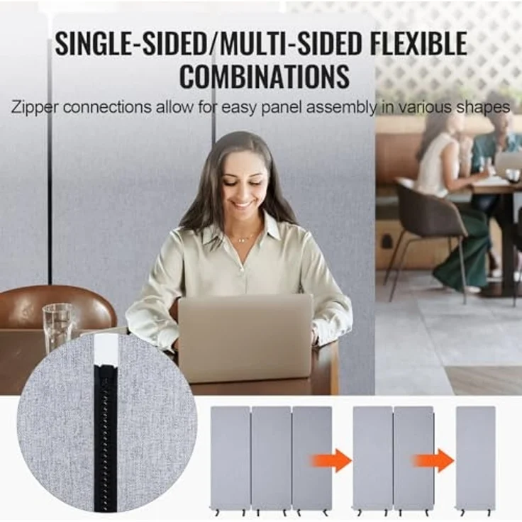 VEVOR Raumteiler 3 Paneele Paravent 1840 x 350 x 1655 mm, Faltbarer Sichtschutz & tragbarer Trennwandteiler aus PET-Polyester zur Raumtrennung, für Büro Schlafzimmer Arbeitszimmer, hellgrau – Bild 5