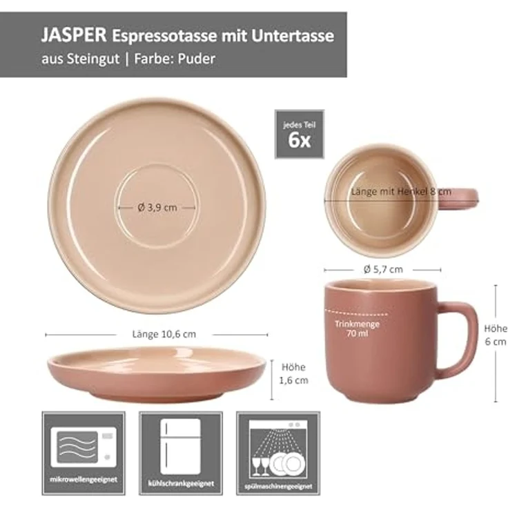 Ritzenhoff & Breker Tasse Ritzenhoff 6er Set Jasper Espressotassen mit Untertassen Puder, Steingut – Bild 6