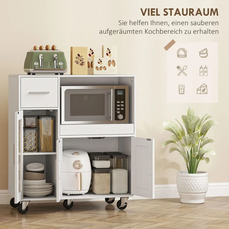 Küchenschrank auf Rädern, Mobile Küchenkommode mit Ablagen, Schubladen, verstellbarem Regal, Kabelloch, Weiß--Weiß--88.7x40x80cm--YOUDENOVA – Bild 6