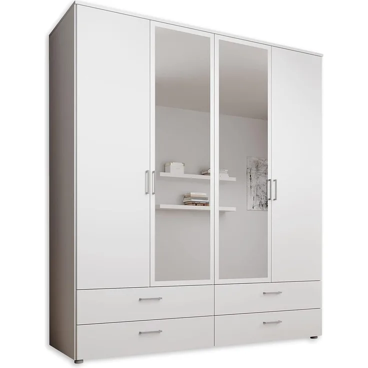SPAZIO Kleiderschrank mit Spiegeltür in Weiß - Vielseitiger Drehtürenschrank 4-türig für Ihr Schlafzimmer - 184 x 199 x 48 cm (B/H/T)