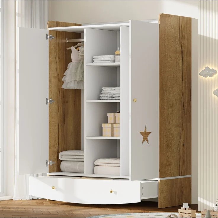 CHICFURN Kleiderschrank mit 2 Kleiderstangen, Schublade und Rattan-Elementen Natur+Weiß 120x50x160 cm – Bild 6