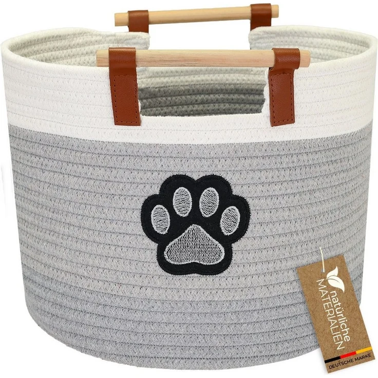 HMF Aufbewahrungskorb Aufbewahrungskorb mit Holzgriffen, runder Korb, Baumwolle für Kinderzimmer oder Babyzimmer, Hundepfote 30 x 30 x 24 cm – Bild 1