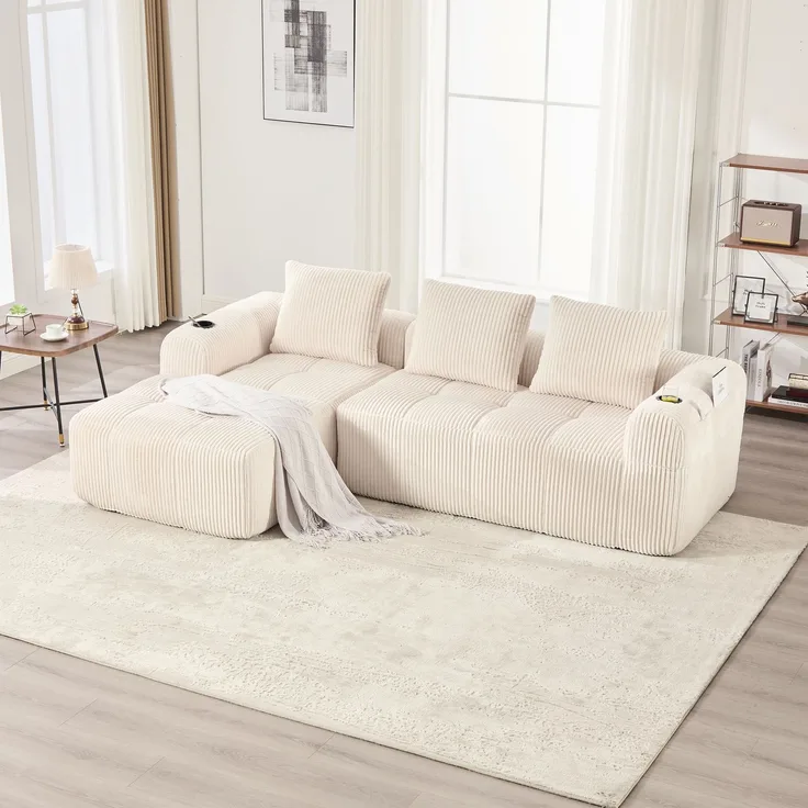 LVHOM Ecksofa 3 sitzer, Bodensofa mit Seitentaschen und Getränkehalter, Polstersofa aus Cordstoff, frei Kombination, Modulares Chaiselongue-Sofa-Set, 253x158x61 cm