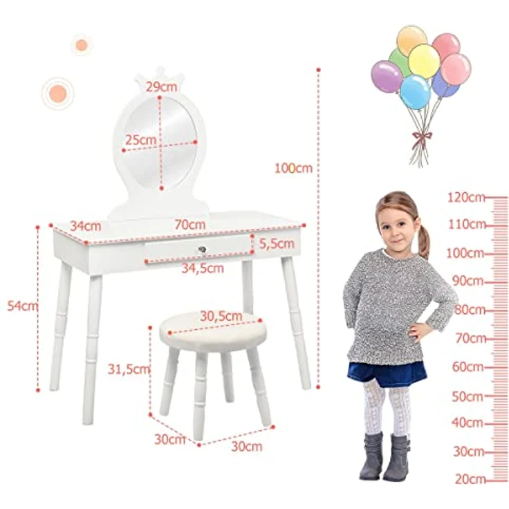 COSTWAY Kinder Schminktisch mit Hocker und abnehmbarem Spiegel, Holz weiß, 34 x 70 x 100 cm – Bild 7