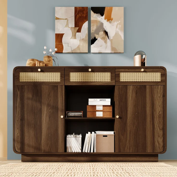 Abrihome Sideboard mit Rattan, Goldgriffen und offenem Regal, Braun, 85x40x120 cm – Bild 3