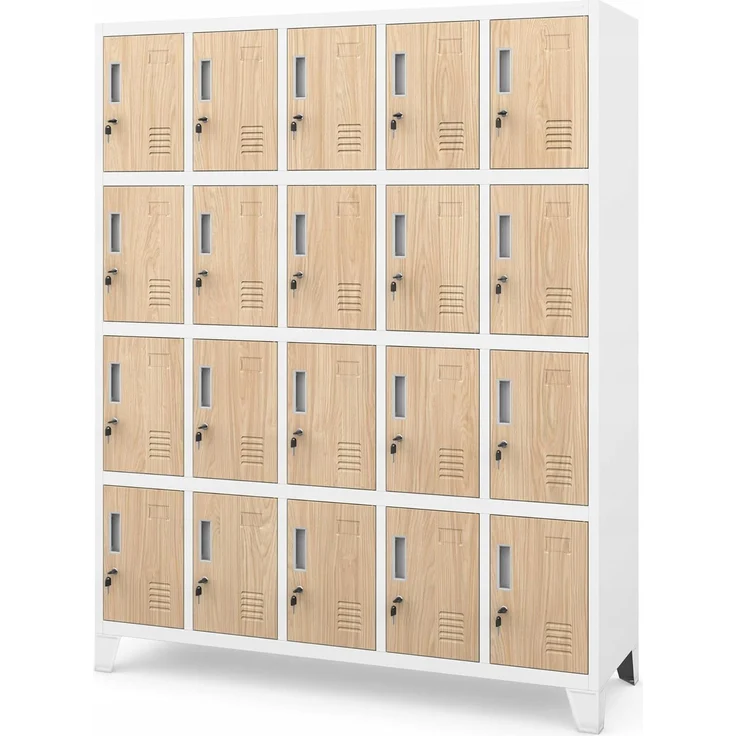Jan Nowak Umkleideschrank 5B4A Fächerschrank Schließfachschrank mit 20 Fächern Wertfachschrank Metall Pulverbeschichtung 172 x 136 x 45 cm (H x B x T) (Weiß-Holz)
