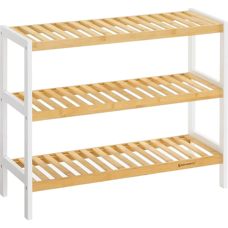Songmics Schuhregal aus Bambus, Schuhablage mit 3 Ebenen, Schuh-Organizer, Regal für Schuhe, Pflanzen, Bücher, Wohnzimmer, Flur, Schlafzimmer, Badezimmer, 26 x 70 x 55 cm, weiß-naturfarben LBS03H