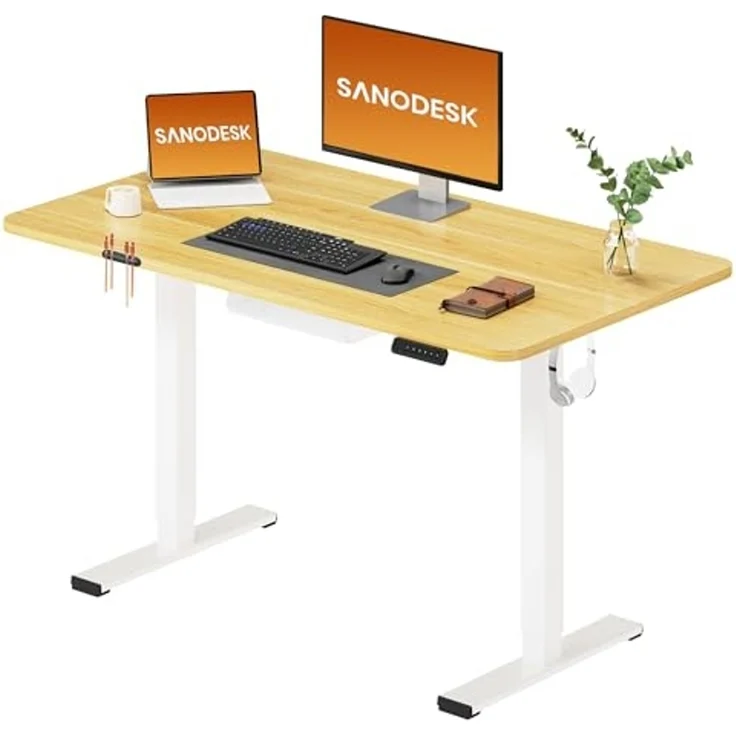SANODESK Höhenverstellbarer Schreibtisch 120x60 cm Schreibtisch Höhenverstellbar Elektrisch Ergonomischer Steh-Sitz Tisch Computertisch für Heimbüro Homeoffice(ahorn) – Bild 1