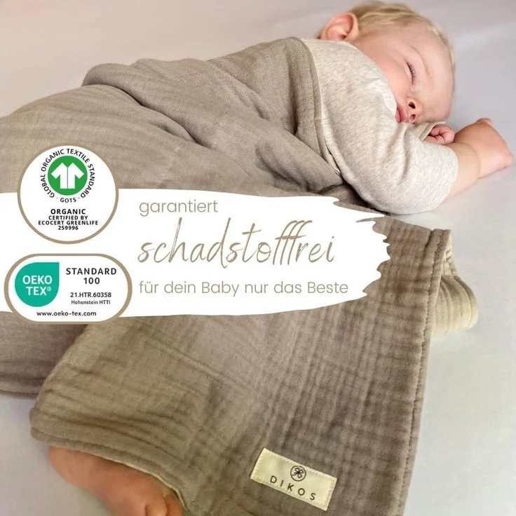 Babydecke Musselin Babydecke 6-lagig gekreppt, 100% GOTs Bio-Baumwolle, DIKOS, PREMIUM Qualität, 70x100 cm, atmungsaktiv, nachhaltig, kuschelweich – Bild 3