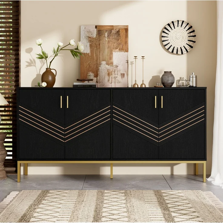 DESVIAE Sideboard mit 4 Türen und verstellbaren Einlegeböden 160x80,5x40 cm MDF Schwarz Holzoptik – Bild 3