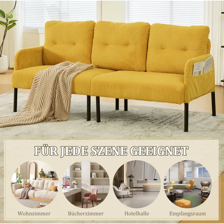 DESVIAE Sofa Dreisitzer mit Seitentasche 171x80x72 cm aus Cord Gelb – Bild 4