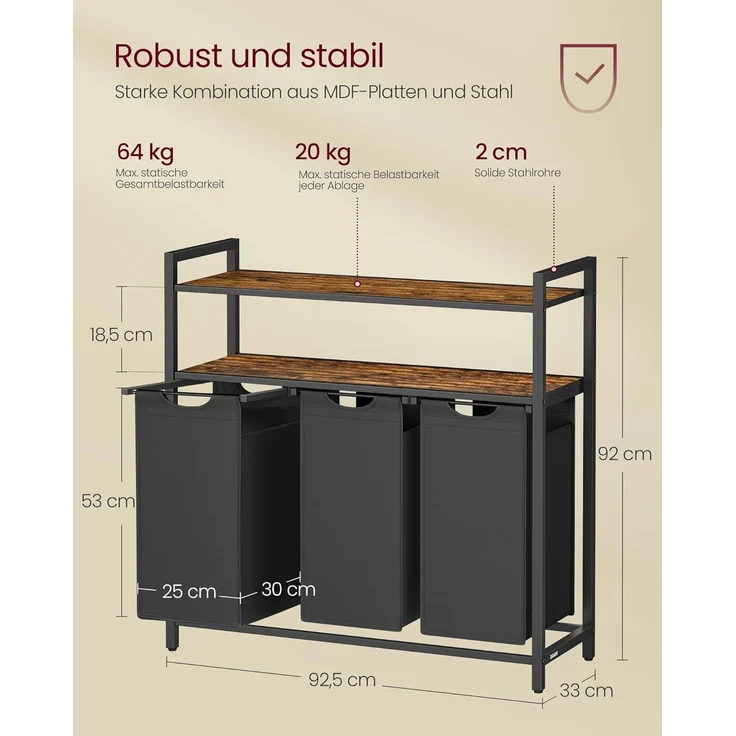VASAGLE Wäschekorb 3 Fächer, Wäschesammler mit 2 Ablagen, Wäschesack ausziehbar und abnehmbar, pro Tasche 40 Liter, für Badezimmer, Waschküche, vintagebraun-schwarz – Bild 3