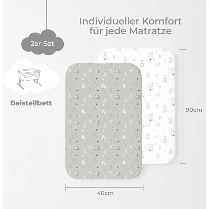 Dreamzie 2er Set Spannbettlaken 40x90 cm Beistellbett - Baumwolle Oeko-Tex - Bettlaken für Stubenwagen & Babybett klein - Woodland Weiß/Grau – Bild 3