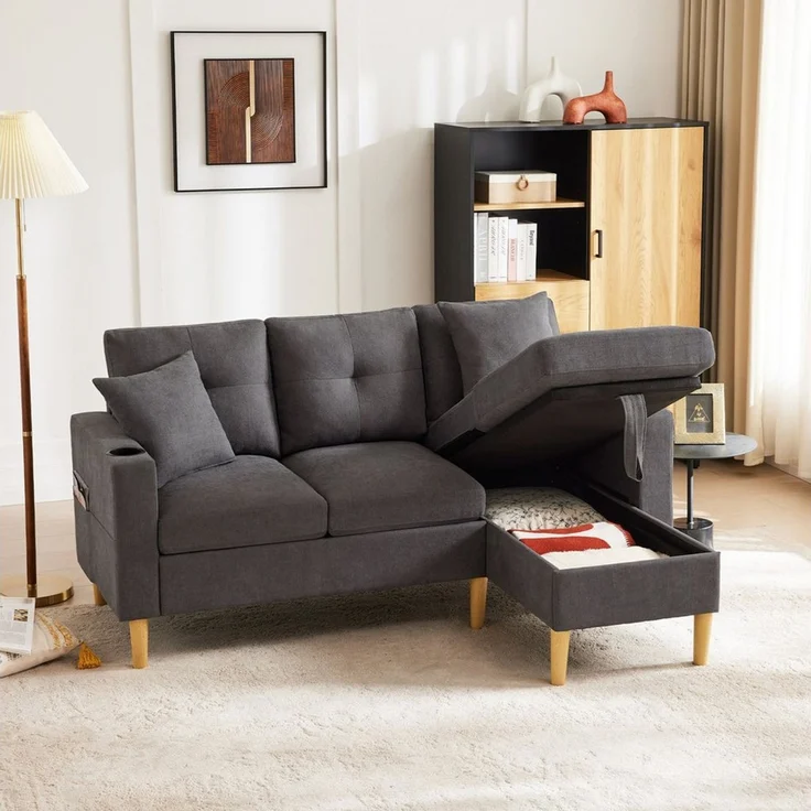Merax 3-Sitzer Ecksofa Eckcouch in L-Form Eckgarnitur, L-förmiges Sofa aus Baumwoll- und Leinenstoff, 175*129*90cm 1 Teile, 3-Sitzer-Sofa mit integriertem Stauraum, Getränkehaltern und 2 Kissen – Bild 1