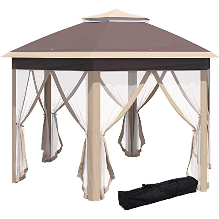 Outsunny Gartenpavillon Faltpavillon 4 x 4 m Pop-Up-Zelt mit 6 Seitenteilen und Doppeldach, sechseckig, Khaki, inkl. Tragetasche