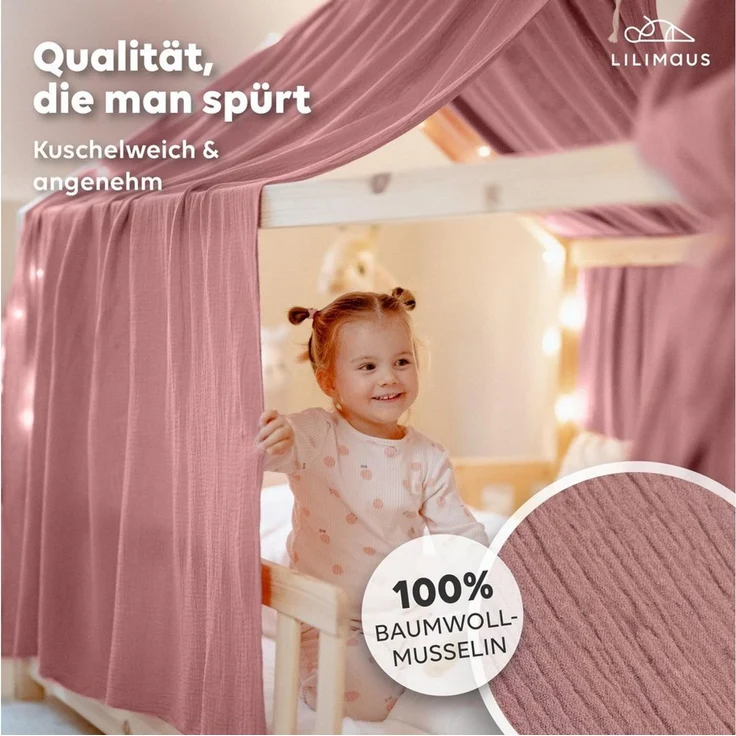 lilimaus Betthimmel Hausbetthimmel Baumwoll Musselin Betthimmel Kinder Hausbett 2er Set, Stilvolle Musselin-Deko für Kinderzimmer, ideal als Geschenkidee – Bild 1