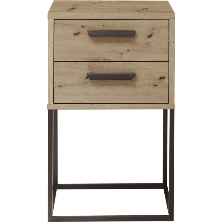Stella Trading Suna Nachttisch in Artisan Eiche Optik-Moderner Nachtschrank mit Schubladen und schwarzem Metallgestell, Holzwerkstoff, 40 x 65 x 38,5 cm