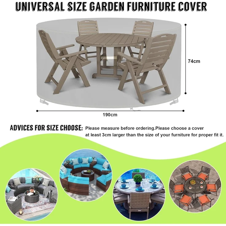 VDISRR Abdeckhaube Gartenmöbel, 420D Oxford Abdeckhauben Für Tische Ø190x74 cm, Gartentische Schutzhülle mit Belüftungsöffnungen Wasserdicht, UV-beständig, Staubfest, Winterfest für Terrassenmöbel – Bild 6