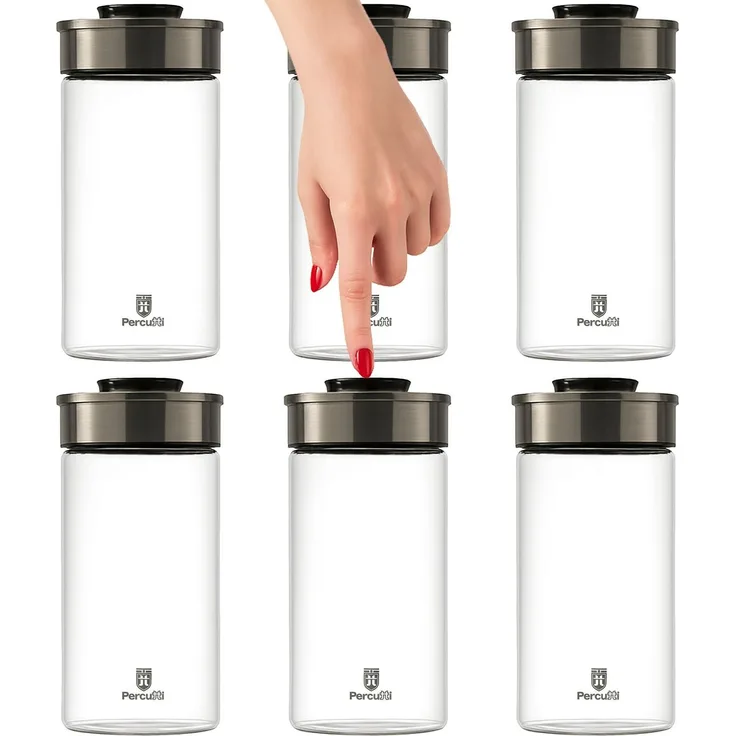 BURI Vorratsglas Vakuumglas 6er Set 1950ml | Vorratsdosen Glas mit Edelstahl Deckel & Vakuum Klick-Mechanismus | Luftdicht mottensicher auslaufsicher stapelbar spülmaschinenfest