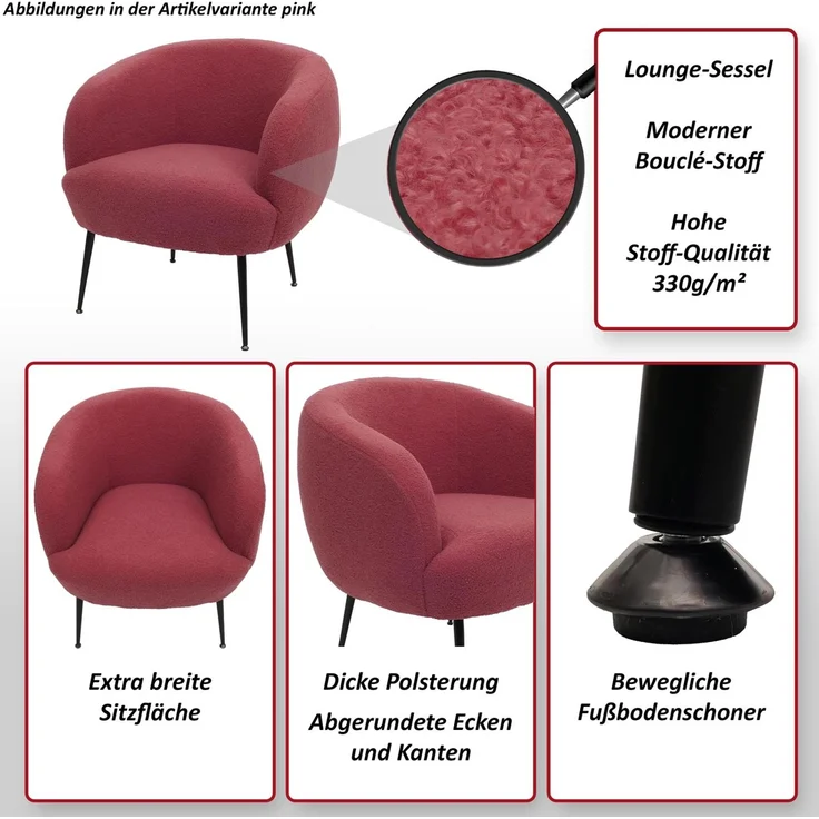 Lounge-Sessel HWC-O37, Cocktail-/Clubsessel Polstersessel Sessel, Stoff/Textil Bouclé (330g/m²) Metall MVG ~ purpur-rot – Bild 2