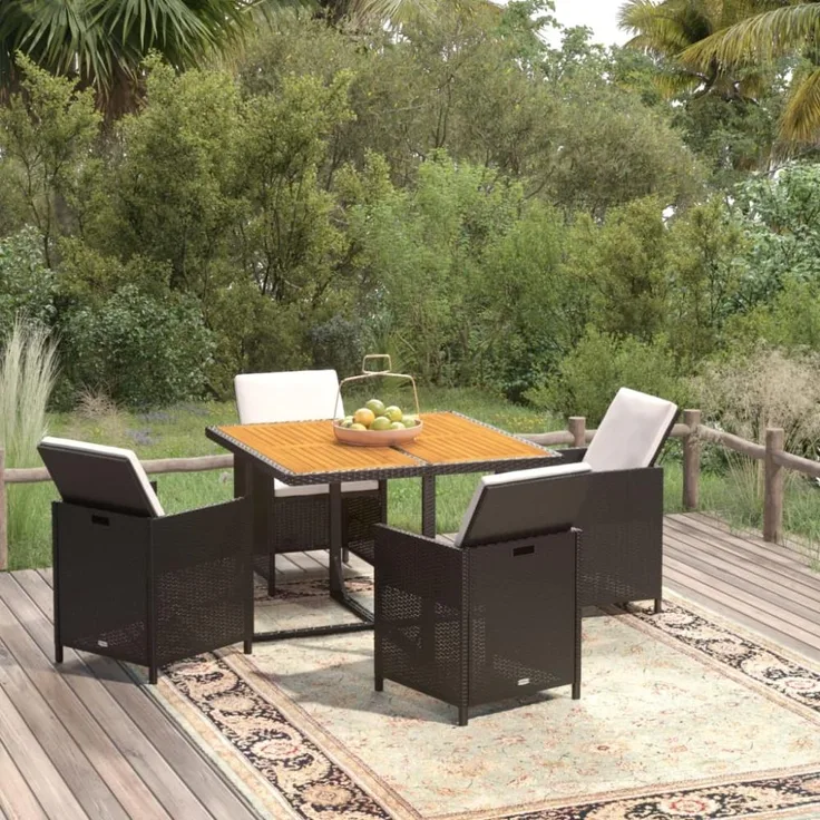 vidaXL 5-tlg. Garten-Essgruppe mit Kissen Poly Rattan Schwarz 3095518