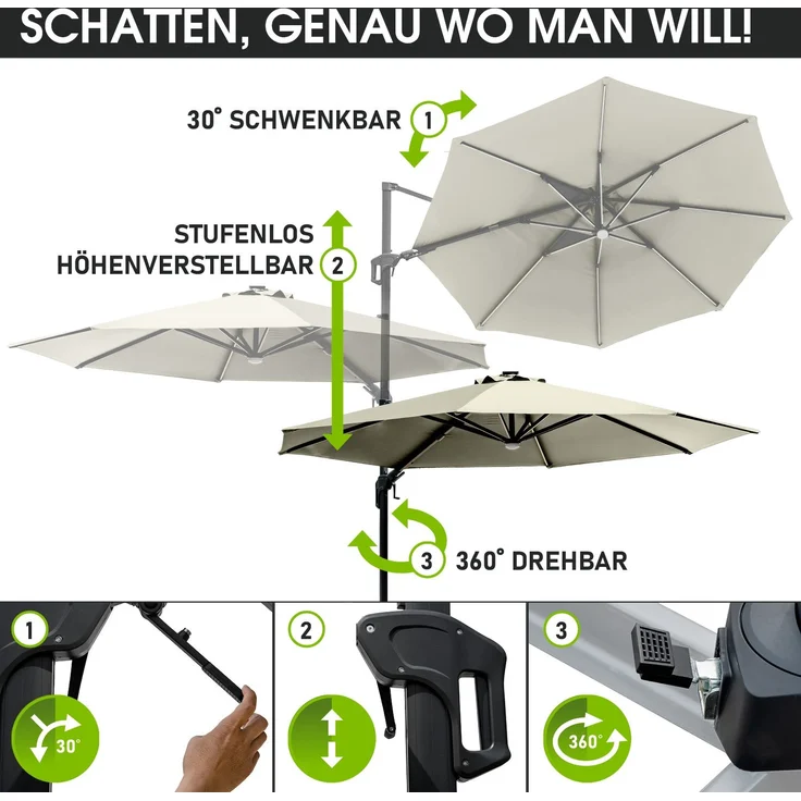 BRAST Alu Sonnenschirm Ampelschirm Ø360cm Beige + LEDs Windsicherung & Schützhülle UV-Schutz 80+ wasserabweisend mit Kurbelvorrichtung drehbar schwenkbar & höhenverstellbar – Bild 5