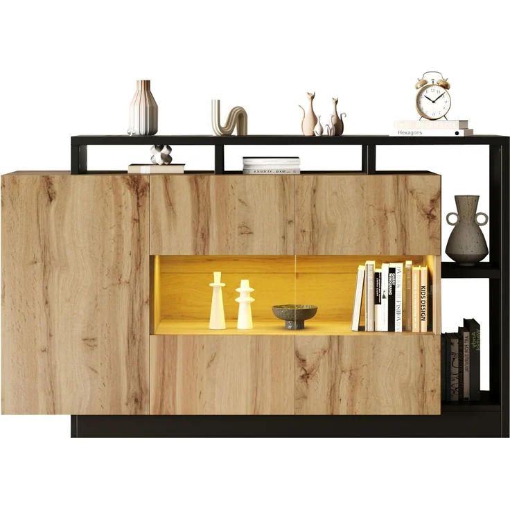 DESVIAE Sideboard mit LED-Beleuchtung 140x94x44 cm aus MDF und Acryl, Holzfarbe mit schwarzem Rahmen – Bild 7