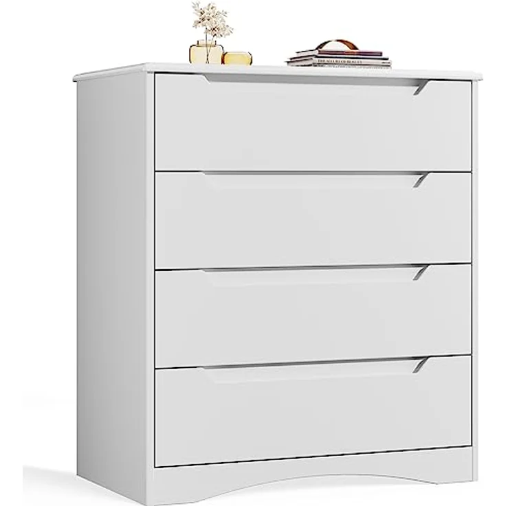 Bealife Kommode Weiß, Schlafzimmer Kommode mit 4 Geräumige Schubladen, Schrank mit Schubladen mit Ausgeschnittenen Griffen und Kippsicherung, Schubladenschrank Ideal für Wohnzimmer, Büro – Bild 2