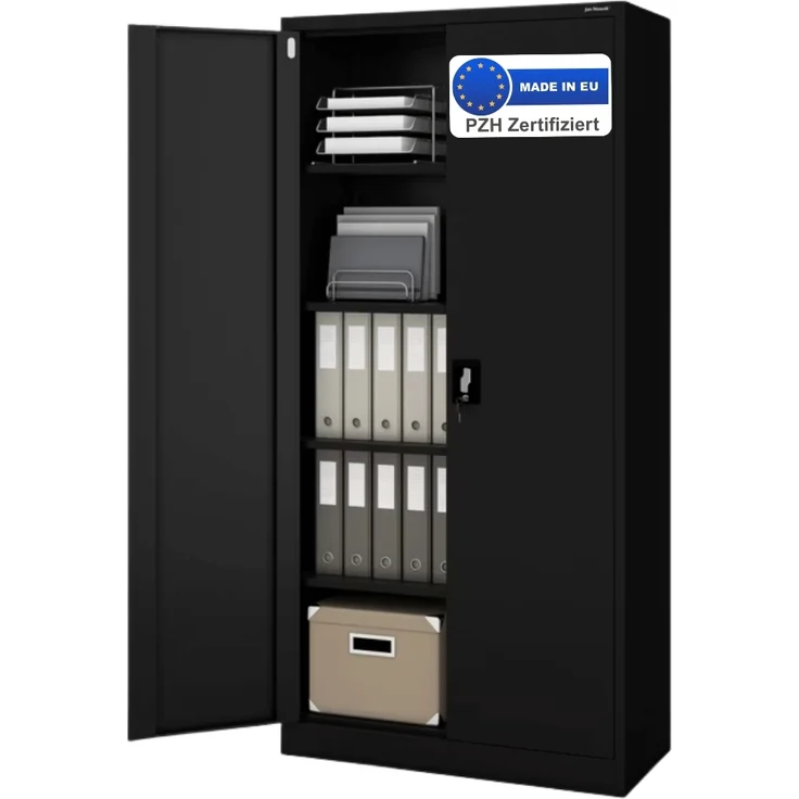 Aktenschrank abschließbar KADO - 5 Ebenen verstellbar, Flügeltüren | Metallschrank Werkstatt Mehrzweckschrank Büroschrank aus Stahl Werkzeugschrank, 195x90x40cm Schwarz – Bild 1