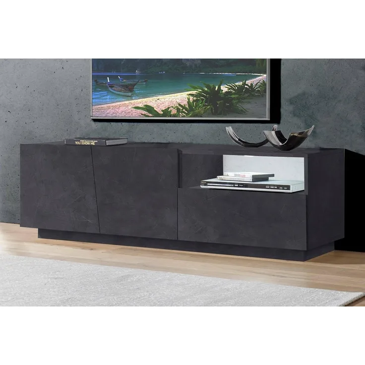 Dmora Wohnzimmer TV-Ständer, Made in Italy, TV-Ständer mit 2 Türen und 1 Schublade, cm 150x43h46, Farbe Schiefergrau