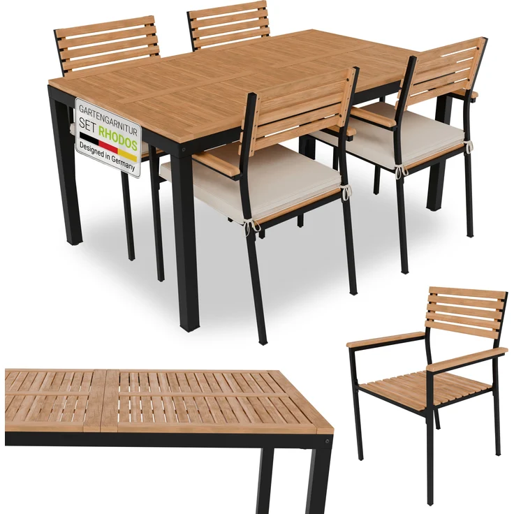 Juskys 'Rhodos' Gartengarnitur - Tisch, 4 Stühle & Auflagen, Akazienholz Natur & Schwarz – Bild 1