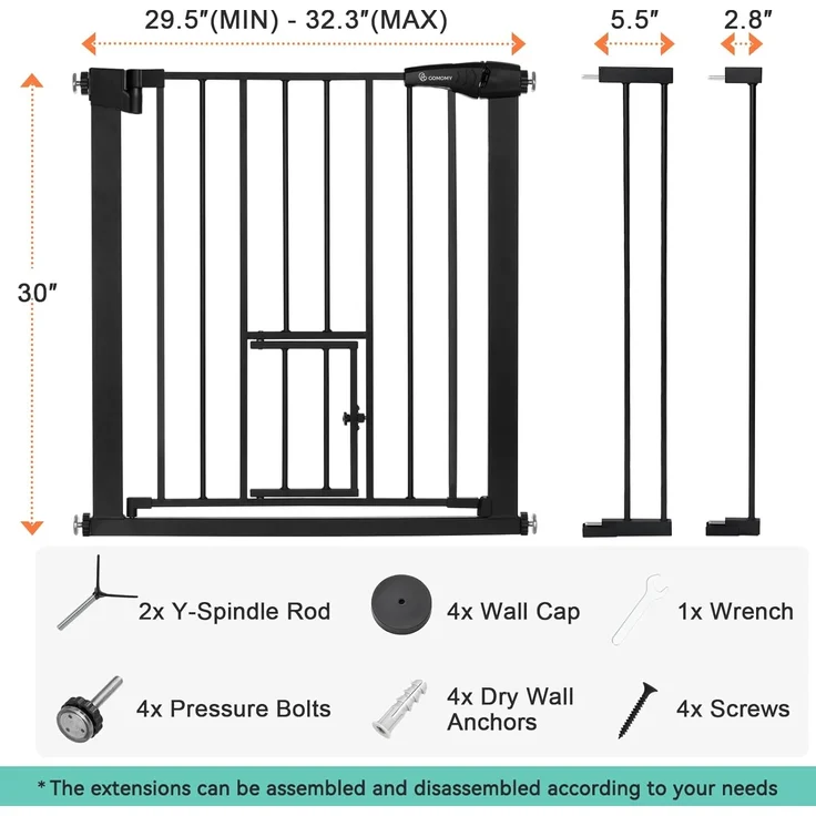COMOMY Türschutzgitter mit Katzenklappe, 75-103cm Treppenschutzgitter ohne Bohren für Hunde und Katzen, Autoclose, Erweiterbar Türgitter Absperrgitter mit 7cm und 14cm Verlängerungen, Schwarz – Bild 7