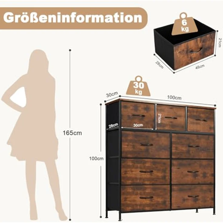 DUMOS Kommode mit Schubladen - Kommoden&Sideboards für Schlafzimmer Geeignet, Komodenschrank mit 9 Schubladen, Stoffkommode mit Stabilem Stahlrahmen, Ideal für Schlafzimmer, Wohnzimmer (Vintagebraun) – Bild 4