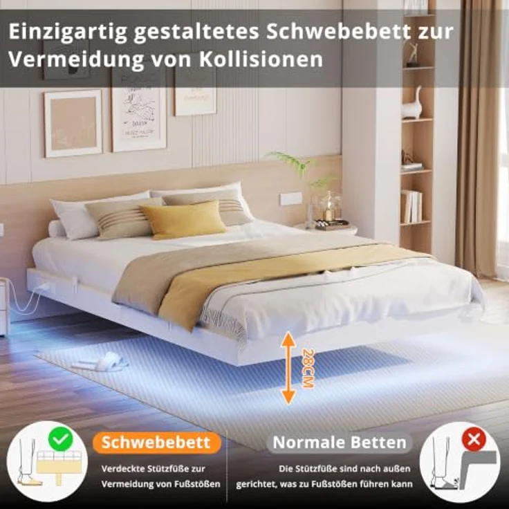 IRONCK Bettgestell 140x200 cm, Schwebender Bett mit LED Beleuchtung, Gepolsterte Seitenwände, 2 AC-Steckdosen, 2 USB-A-Anschluss, 1 USB-C-Anschluss, Metallbett mit Lattenrost Doppelbett, Weiß – Bild 4