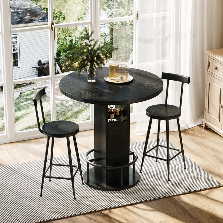 Bartisch-Set Ø 80 cm mit 2 Hockern – runder Esstisch aus Spanplatte und Stahl in Schwarz – Bild 2