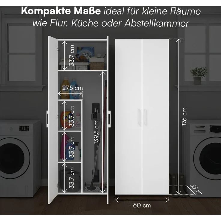 Bellamio 'Apol' Mehrzweckschrank, weiß, 176x33x60 cm, Besenschrank mit Staubsaugerfach und 4 weiteren Fächern – Bild 6