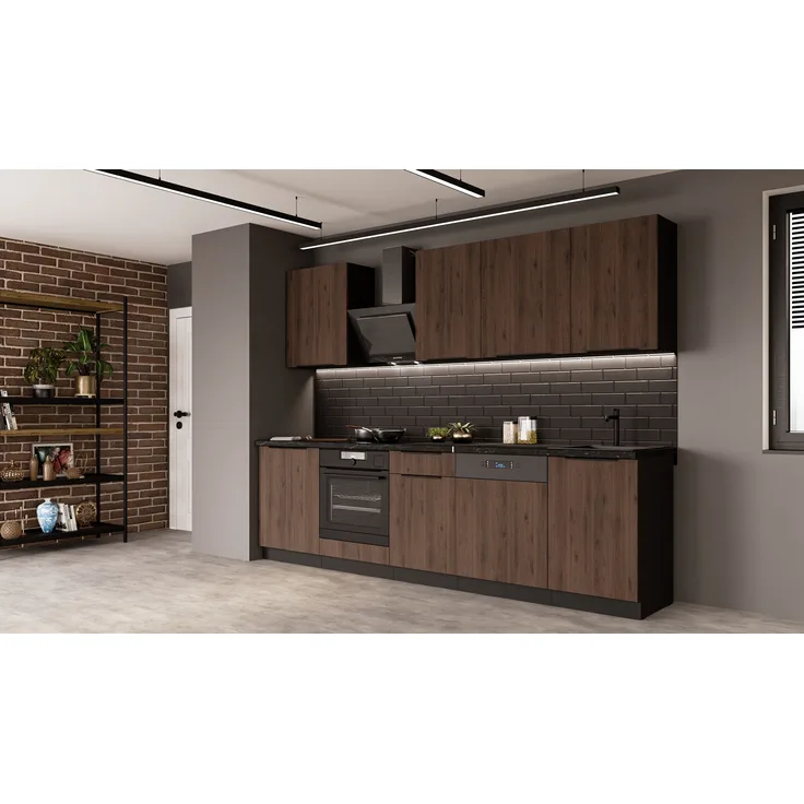 Küche MONZA BASIC 280 cm Küchenzeile Küchenblock Einbauküche Nussbaum Okapi matt + Schwarz matt
