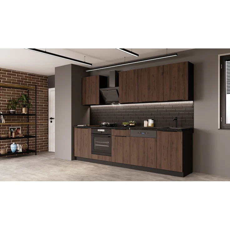 Küche MONZA BASIC 280 cm Küchenzeile Küchenblock Einbauküche Nussbaum Okapi matt + Schwarz matt – Bild 1