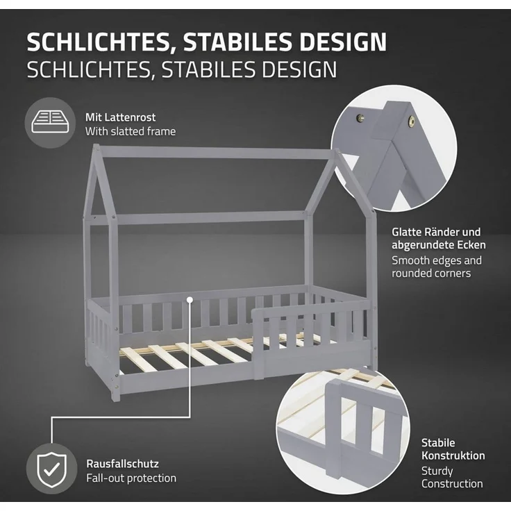ML-DESIGN Kinderbett Hausbett Spielbett inkl. Lattenrost kreativ Bodenbett für Kinder, Abenteuerbett mit Rausfallschutz Spielbett Kiefer Hellgrau Himmelbett – Bild 3