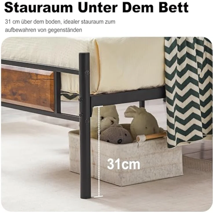 VECELO Bett 90x200 cm mit Holzkopfteil, Holz Metallbett mit Lattenrost, Bettgestell Bettrahmen aus Metall, Einzelbett Jugendbett Gästebett, perfekt für Schlafzimmer, Braun – Bild 6