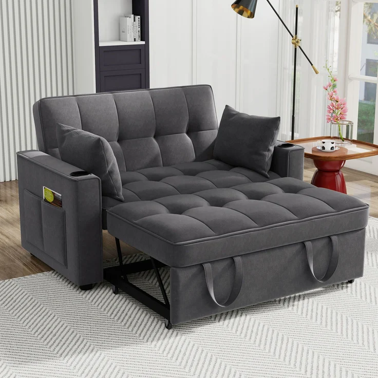 Multifunktions-Schlafsofa Samt Grau, 3-fach verstellbar mit Getränkehalter, 137x76,5x83 cm – Bild 3